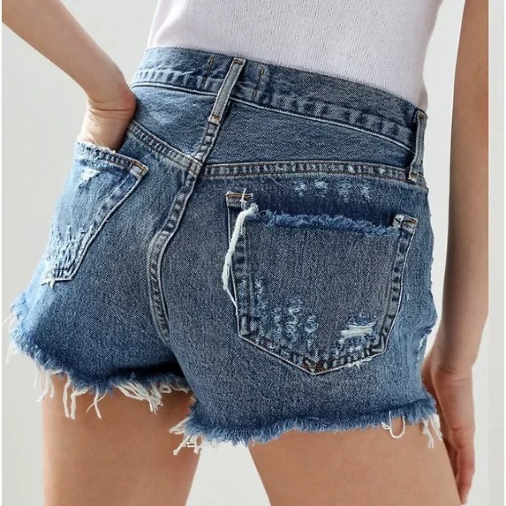 Agolde Parker Vintage Blue Denim Distressed High Waisted Shorts 25